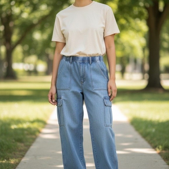 Aéropostale Pants - Aeropostale 90s Baggy Cargo Jeans Blue Denim High Waisted Wide Leg Womens Large
